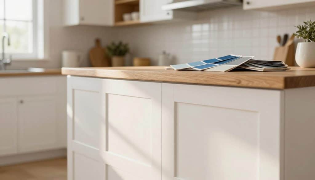 A beautifully designed kitchen showcasing modern cabinets with a fresh paint finish. In the foreground, focus on a pair of cabinets featuring a sleek, glossy white finish reflecting warm, natural light from a nearby window. The middle layer includes a wooden counter adorned with paint swatches in various shades of blue and gray, hinting at popular cabinet colors. In the background, softly blurred, a stylish kitchen with warm wood accents enhances the cozy atmosphere. The lighting is bright and inviting, capturing the essence of a well-lit kitchen space. The scene conveys an atmosphere of creativity and home improvement, perfect for aspiring DIY enthusiasts seeking expert advice on painting cabinets.