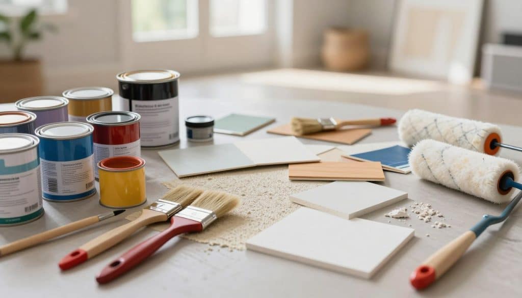 A detailed flat lay composition showcasing a diverse range of painting materials and paint types. In the foreground, an array of colorful paint cans with labels, brushes, and rollers, arranged aesthetically. The middle ground features texture samples like drywall, wood, and plaster, demonstrating different surfaces for painting. In the background, soft focus on a well-lit room in neutral tones, hinting at a freshly painted interior. Natural light streaming in through a window, creating an inviting and warm atmosphere. The camera angle is slightly above eye level, offering an expansive view of the materials, emphasizing the variety and quality. The overall mood is professional and informative, perfect for illustrating the importance of material choices in painting costs.
