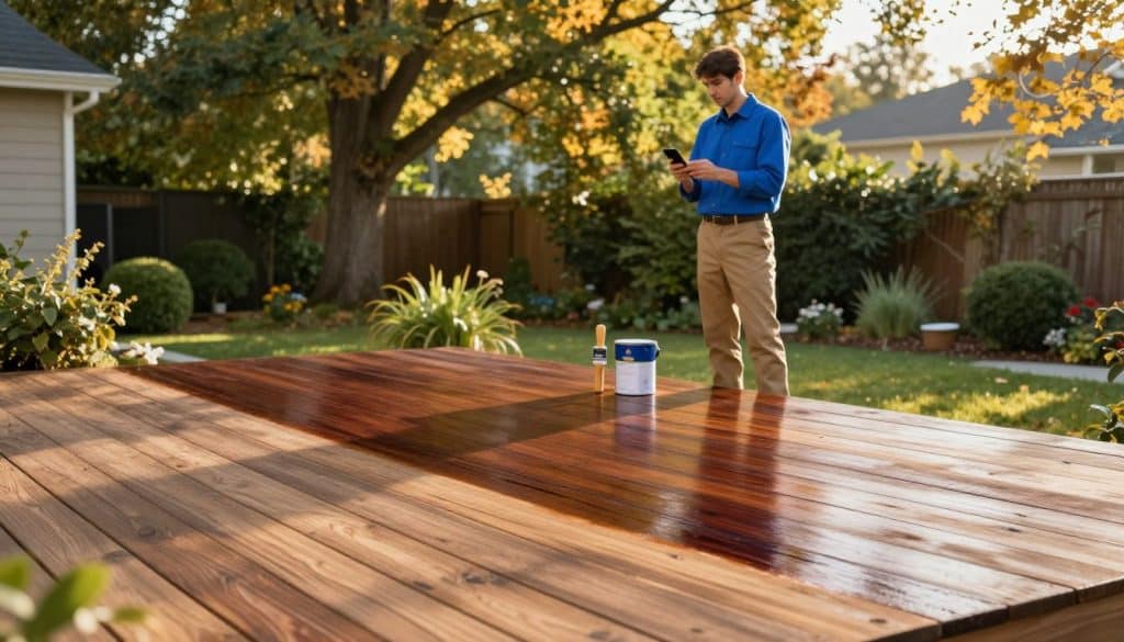 A serene outdoor scene depicting the ideal conditions for staining a deck. In the foreground, a beautifully maintained wooden deck with a half-painted, rich mahogany section, showcasing the contrast of fresh stain against natural wood. In the middle ground, a professional in a neat blue shirt and khaki pants checks the weather with a smartphone, standing near a paint can and brush. Behind them, lush greenery and trees bask in warm sunlight, hinting at an early autumn day with gentle golden rays filtering through the leaves. The atmosphere is calm, emphasizing clarity and readiness. The scene is captured with a soft focus lens, highlighting the subject while maintaining the beauty of the background, invoking a sense of preparation for an outdoor project.
