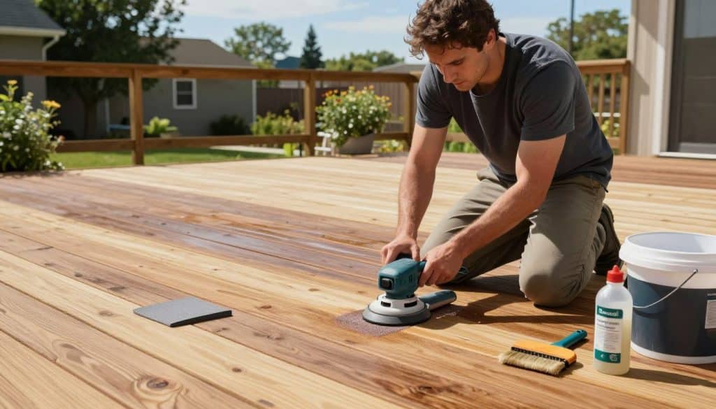 A well-organized deck preparation scene showcasing the essentials of prepping a wooden deck for staining. In the foreground, a professional in modest casual clothing is kneeling on the deck, meticulously sanding the wood surface with a power sander, surrounded by tools like sandpaper, brushes, and a bucket of deck cleaner. The middle ground features a partially stained deck, showing the contrast between the freshly treated wood and the untreated sections. In the background, a sunny outdoor space surrounded by greenery, with a clear blue sky overhead. Soft, natural lighting casts gentle shadows, enhancing the focus on the deck work. The atmosphere is one of diligent preparation and craftsmanship, emphasizing the importance of proper prep work for a flawless finish.