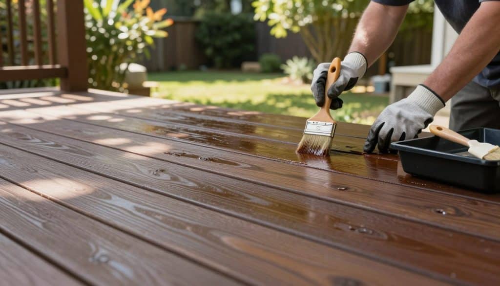 A wooden deck in the foreground, freshly stained with a rich, deep brown color, showcasing a smooth and even finish without any lap marks or sticky spots. Tools such as a paintbrush and a tray sit nearby, emphasizing the process of staining. In the middle-ground, a pair of hands wearing professional gloves are skillfully applying the stain with an angled brush, highlighting the technique of working in small sections for a flawless look. The background features a serene backyard setting, with gentle sunlight filtering through the leaves of nearby trees, creating dappled shadows on the deck. The atmosphere is calm and focused, suggesting a meticulous approach to home improvement and craftsmanship.