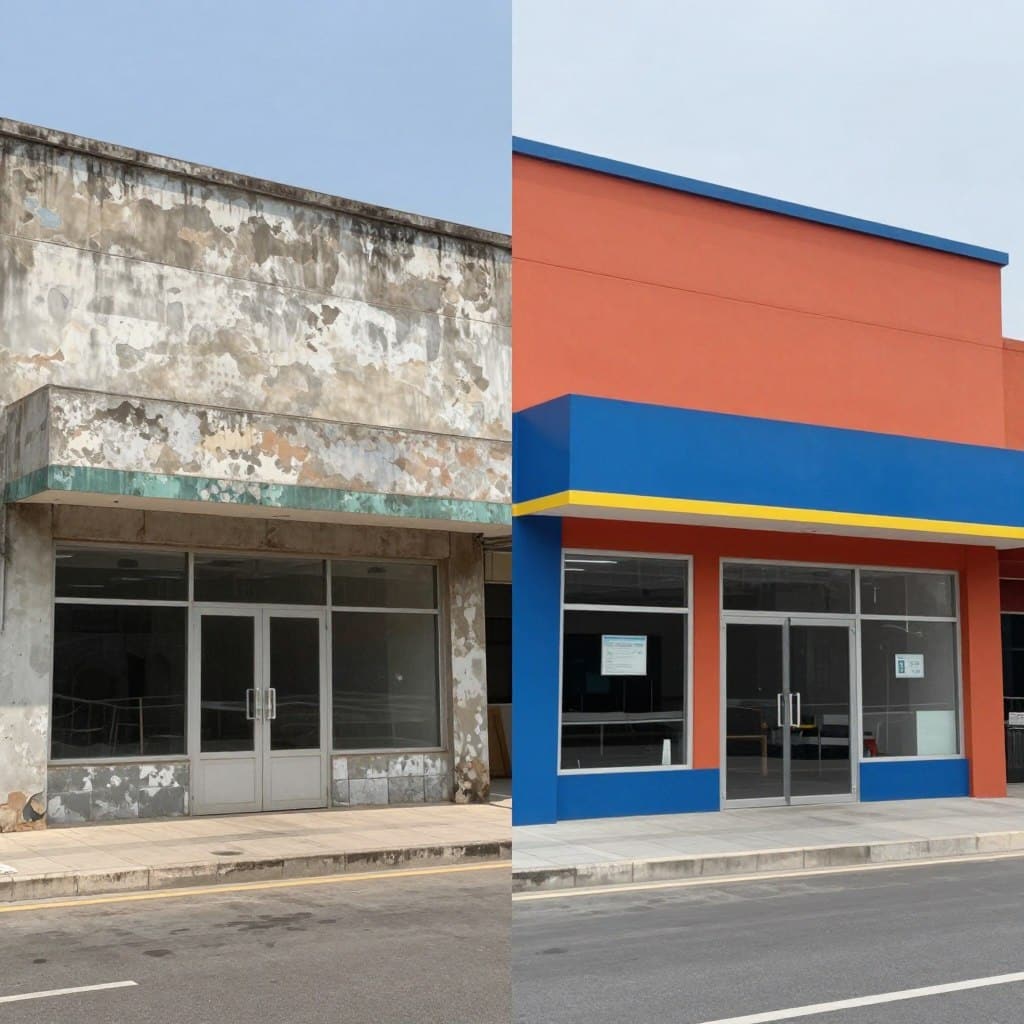 Before and after comparison of commercial exterior painting by MR Paint in South Amboy