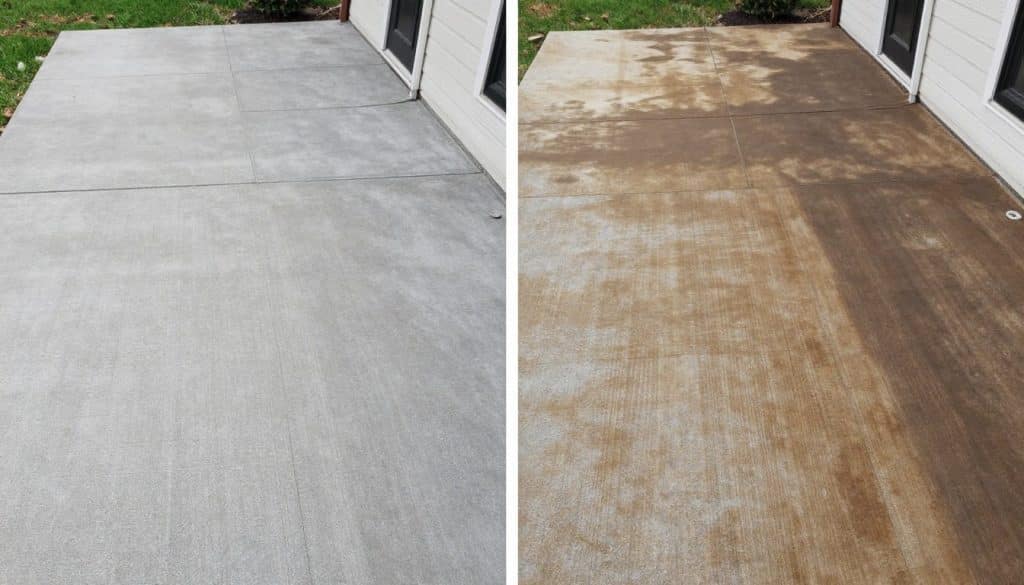 Before and after comparison of concrete staining project by MR Paint in South Amboy