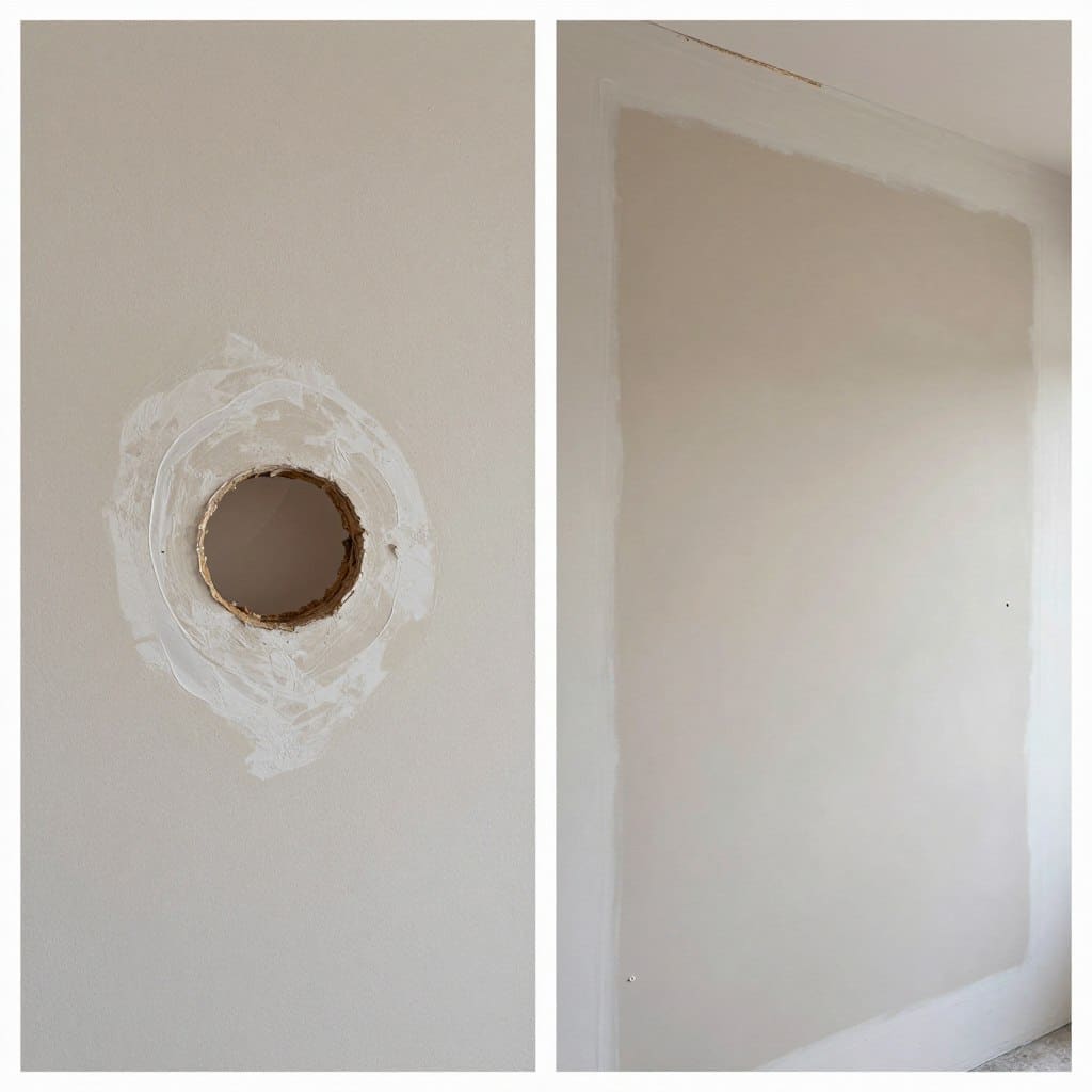 Before and after of hole repair in drywall by MR Paint