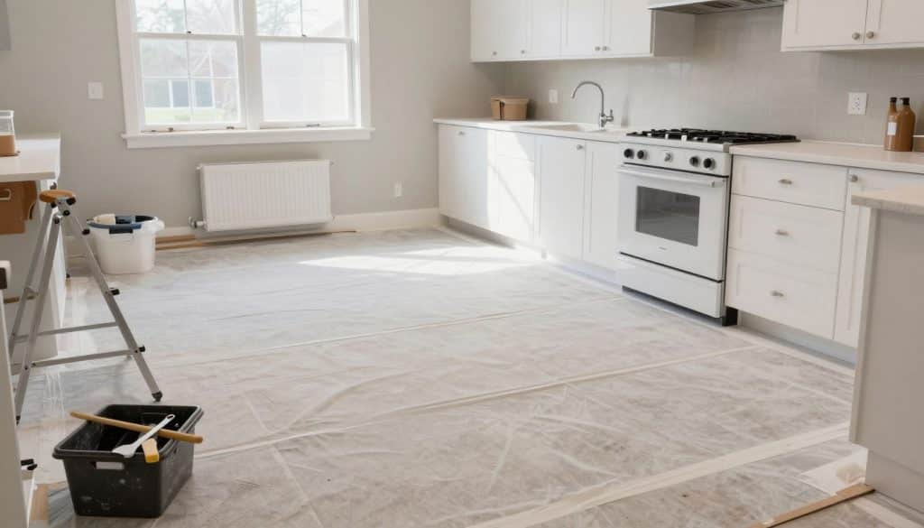 Clean, protected worksite during cabinet painting in South Amboy