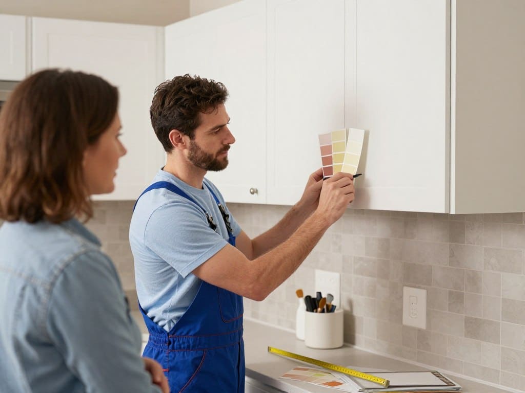 MR Paint professional providing cabinet painting estimate in South Amboy home