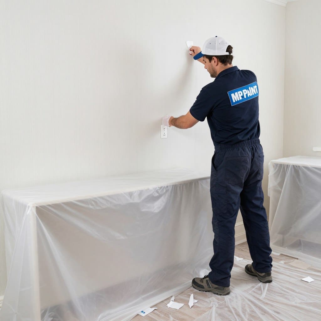 MR Paint technician preparing room for wallpaper removal