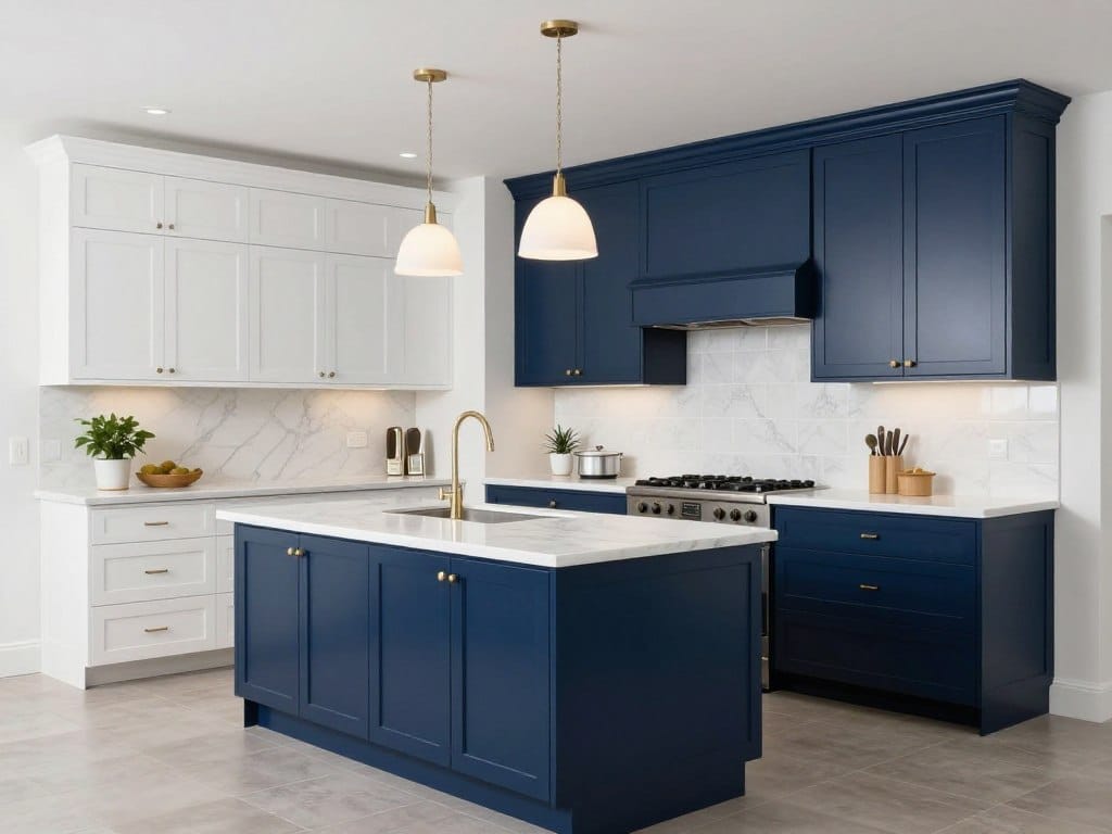 Navy blue kitchen island with white perimeter cabinets in South Amboy