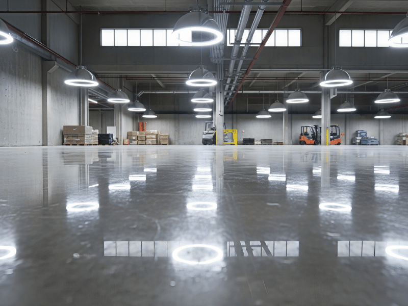 Concrete staining application process showing water-based stain being applied to prepared concrete surface