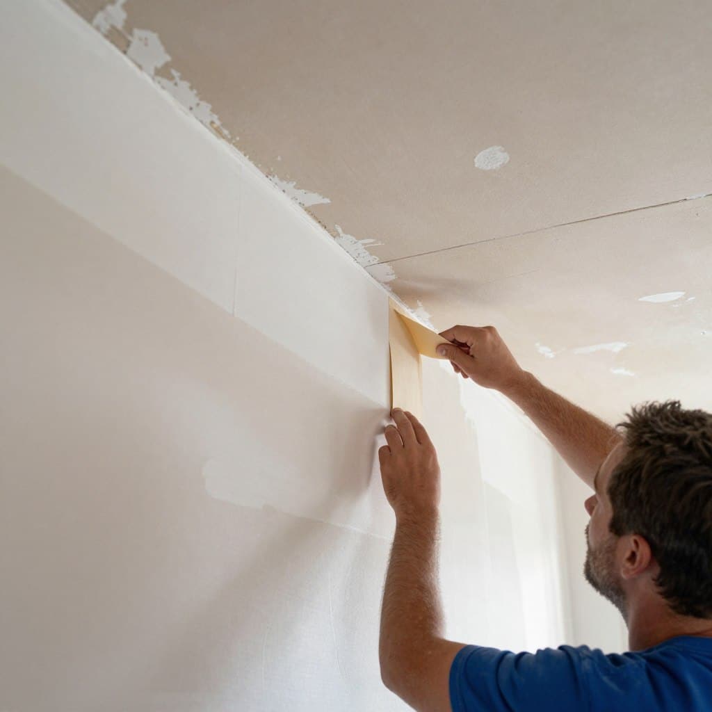 Water damaged drywall being repaired by MR Paint