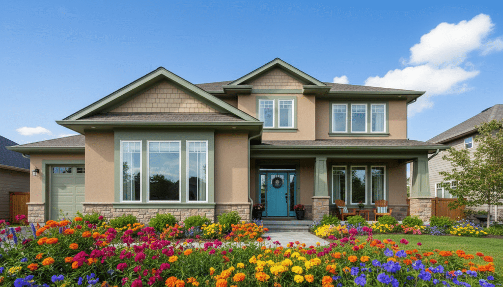 A beautifully designed home exterior, showcasing a selection of fresh, inviting color palettes. In the foreground, vibrant flower beds with blooming plants add a splash of color. The middle ground features a two-story house with a modern yet classic architectural style, painted in soft earth tones with contrasting trim. Large windows reflect the sunlight, enhancing the overall appeal. In the background, a clear blue sky adds a serene ambiance, complemented by a few fluffy white clouds. Soft, natural lighting casts gentle shadows, creating a warm and welcoming atmosphere. The angle captures the entire front facade of the house, emphasizing its inviting porch and well-maintained entrance, perfect for illustrating the importance of color choices in home exteriors.