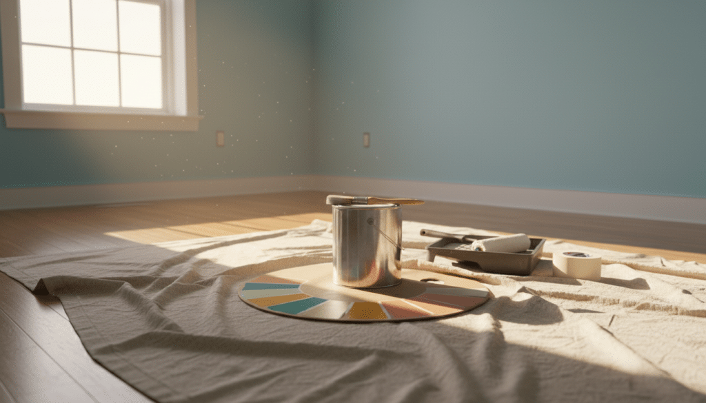 A clean, spacious room set for painting, featuring a neatly laid drop cloth in the foreground, covering a polished wooden floor. The drop cloth is light beige, textured, and slightly crumpled, indicating readiness for a painting project. In the middle ground, a paint can with a brush hanging over the edge sits beside an array of color swatches, showcasing a variety of vibrant paints. The background reveals a freshly painted wall in a soft pastel hue, with a window letting in warm, soft lighting that creates a calm and inviting atmosphere. Use a wide-angle lens perspective to capture the entire scene, emphasizing the preparation for a successful painting job. The overall mood is professional yet welcoming, ideal for inspiring creativity.