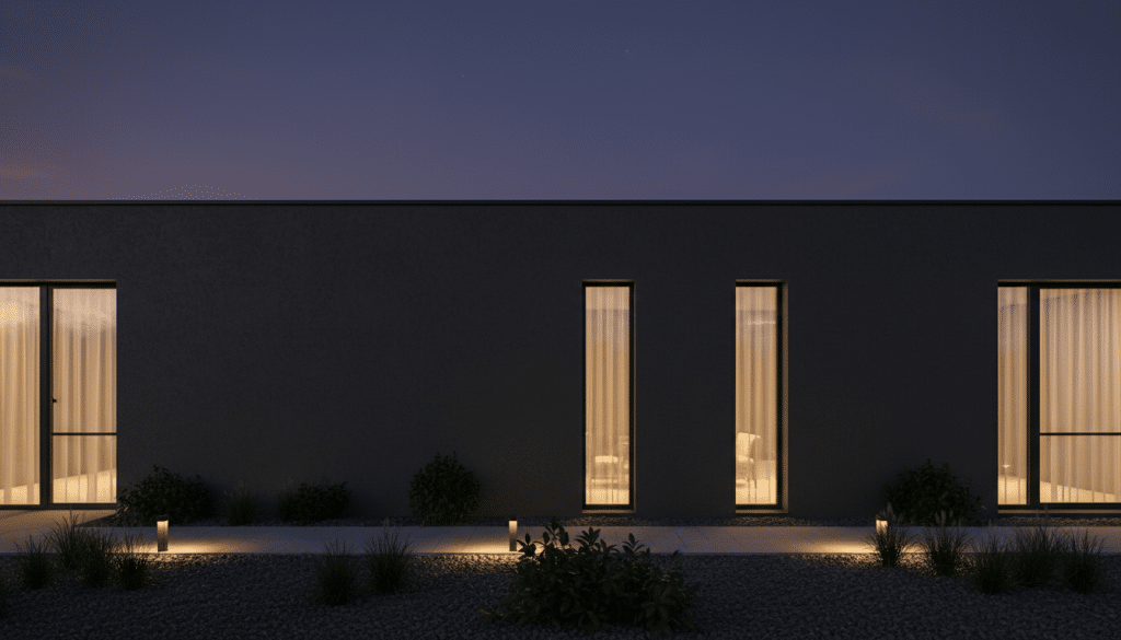 A deep, dark gray exterior wall of a modern house stands prominently in the foreground, showcasing its textured finish that reflects a hint of light. Large, sleek windows with black frames accentuate the structure, allowing soft, warm light to spill into the interior. In the middle ground, a minimalist garden with charcoal-colored stone pathways and dimly lit lanterns creates a serene atmosphere. Dark green foliage contrasts beautifully against the gray backdrop, adding depth to the scene. The background features a twilight sky, subtly transitioning from deep indigo to black, enhancing the moody aesthetic. The lighting is soft and diffused, casting gentle shadows that add dimension. This composition conveys a sense of sophistication and elegance, perfect for inspiring ideas about dark and moody hues in home exteriors.