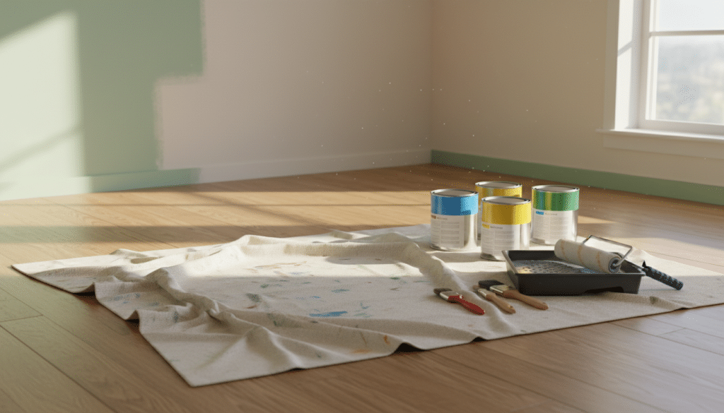 A neatly arranged scene featuring a drop cloth spread across a freshly painted wooden floor. In the foreground, the textured canvas drop cloth is prominently displayed, showing subtle creases and paint splatters to convey its use. The middle layer includes a well-organized set of painting supplies: paint cans in vibrant colors, high-quality brushes, and a roller, all artistically placed beside the drop cloth. The background displays a softly lit room with partially painted walls, casting gentle shadows that enhance the depth of the scene. Natural light streams through a nearby window, creating a warm and inviting atmosphere, perfect for a professional painting setting. The overall mood is creative and inspiring, emphasizing preparation and attention to detail in painting.