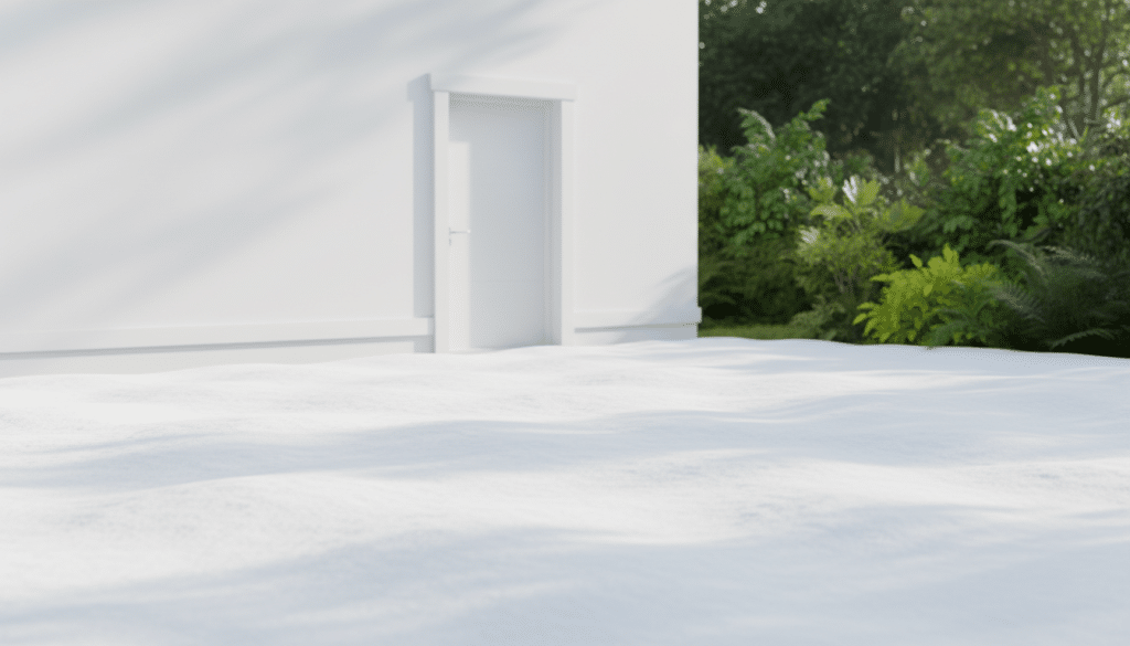 A serene and minimalist image focusing on an expanse of pure white, capturing the essence of classic elegance. In the foreground, a softly textured surface resembling fresh snow, symbolizing purity and simplicity. In the middle ground, a smooth white wall of a charming house, featuring subtle architectural details like a slightly raised trim and a sleek front door. The background shows a blurred garden of lush greenery, enhancing the white's vibrancy, softly illuminated by gentle morning sunlight. Use a wide-angle lens to create an immersive perspective, allowing the viewer to feel the calmness of the scene. The overall mood should evoke tranquility and sophistication, making white the star of this visually striking composition.