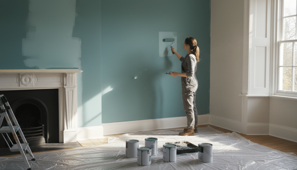 A vibrant, atmospheric scene showcasing a well-lit interior room where a homeowner is applying a second coat of fresh paint on the walls. In the foreground, the homeowner, dressed in a professional, modest outfit, is focused and applying paint with a roller. The middle ground features a partially painted wall, with the fresh coat of paint contrasting against the original color, highlighting the difference between the first and second coats. In the background, you can see a drop cloth and paint supplies organized neatly. Natural light floods the room through a window, casting soft shadows that enhance the warm, inviting mood. The angle is slightly above eye level, capturing the action of painting and the transformation of the space.