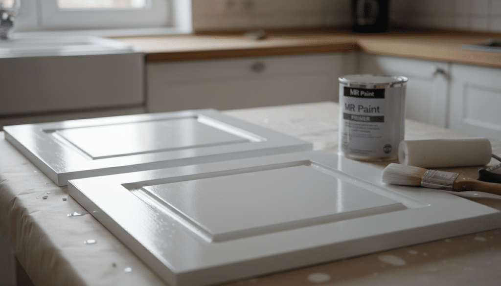 A close-up view of a clean, well-organized workspace featuring wooden kitchen cabinet doors primed for painting. In the foreground, a smooth, freshly applied white primer covers the surface of the cabinet doors, showing texture and sheen. Paint tools like a brush and a roller are neatly placed alongside a partially filled can of MR Paint, with splatters of primer on the table surface. The middle ground highlights a backdrop of softened, blurred kitchen elements, like a wooden countertop and soft natural light streaming in from a nearby window, creating a warm ambiance. The overall mood is professional and inviting, ideal for illustrating the process of applying primer for maximum adhesion, captured with a slightly elevated angle to emphasize the cabinet doors.