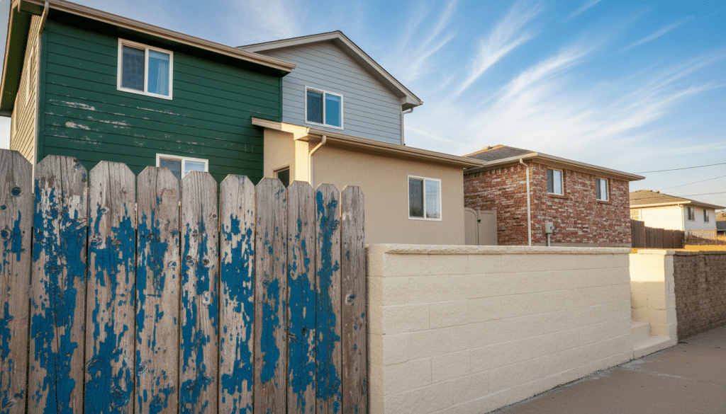 A detailed outdoor scene showcasing various exterior materials in a home setting, illustrating the average lifespan of different paints. In the foreground, a vibrant wooden fence with peeling paint, a stone wall with a fresh coat, and a brick facade partially faded. The middle ground features a home with clearly defined painted sections on wood, vinyl, and stucco, highlighting their textures and conditions. The background shows a clear blue sky with soft clouds, casting warm, natural sunlight over the scene, enhancing the colors. A wide-angle lens perspective captures all elements harmoniously. The mood is informative and visually engaging, emphasizing the contrast between new and aged paint finishes to convey the concept of paint durability effectively.