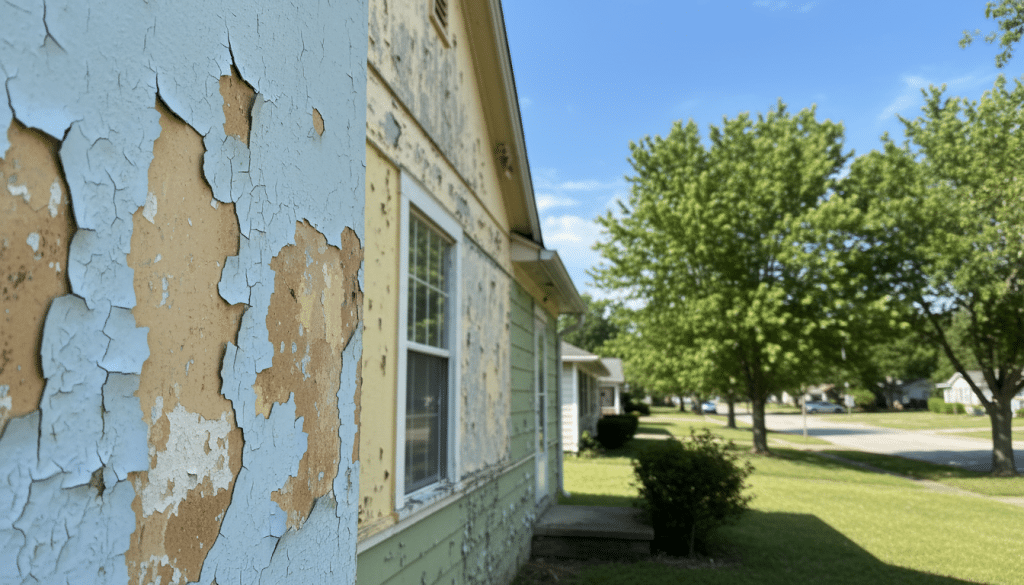 A weathered suburban home with fading, peeling exterior paint, prominently displaying signs of distress. In the foreground, a close-up of cracked paint and patches where the original color has worn away, revealing a duller surface beneath. In the middle ground, the home’s exterior features a variety of colors that suggest previous paint jobs, emphasizing neglect. In the background, a serene neighborhood setting with lush green trees and a sunny sky to contrast the home’s unkempt appearance. The lighting is bright and natural, casting soft shadows to enhance the texture of the paint. The atmosphere feels insightful yet slightly disheartening, drawing attention to the home’s need for a fresh coat of paint.