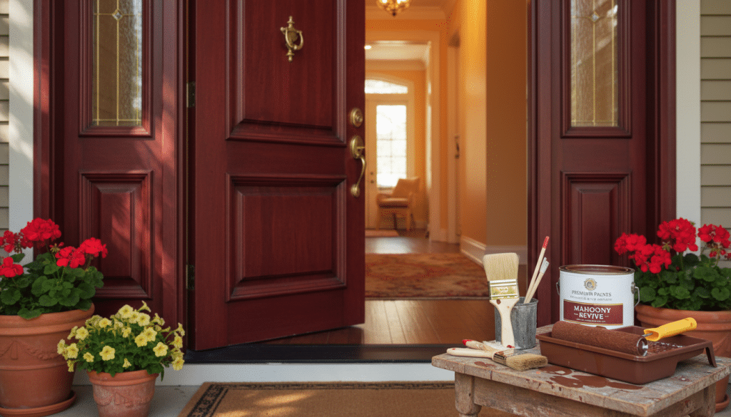 A beautifully crafted front door, showcasing a rich mahogany finish, detailed with elegant brass hardware and a large, vintage-style doorknob. The door is slightly ajar, revealing a glimpse of a well-lit interior with warm, inviting colors. In the foreground, a small wooden table is adorned with essential painting tools: brushes, a paint roller, and a can of premium paint, all set against a backdrop of a softly lit porch adorned with potted flowers. The lighting is warm and natural, with soft shadows creating depth, while the angle is slightly low to emphasize the door’s grandeur. Overall, the atmosphere is inviting and inspiring, perfect for a DIY project.