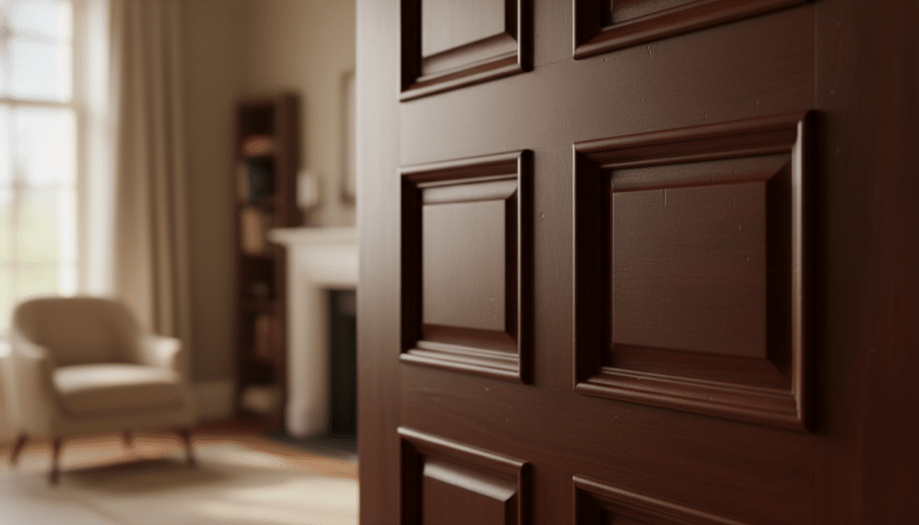 A beautifully crafted paneled door, featuring intricate raised panels and a smooth, glossy finish that reflects soft light. The foreground showcases the door in detail, capturing the texture of the wood and the imperfections that make it unique. The middle section reveals a subtle shadowing effect, highlighting the depth of the panels and the craftsmanship involved. In the background, a softly blurred room setting gives context without overpowering the main subject, filled with warm, natural lighting streaming through a nearby window. The atmosphere is inviting and tranquil, perfect for illustrating the nuances of painting technique. The composition is shot from a slight angle to create depth, emphasizing the door's elegant design while maintaining a professional and polished appearance.