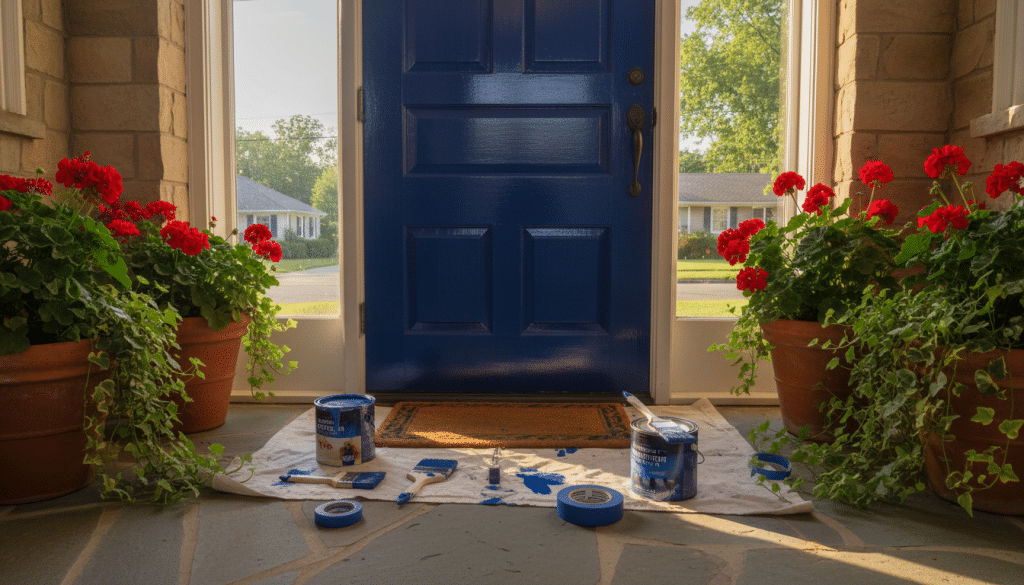 A beautifully detailed front door is the focal point of the image, standing prominently in a well-lit setting. The door is crafted from rich mahogany, showcasing a smooth finish and elegant paneling, with a vibrant coat of newly applied paint glinting under soft, natural daylight. In the foreground, a series of painting tools are artfully arranged on the ground, including brushes, paint cans, and masking tape, subtly suggesting the preparation process. The door frame is complemented by a clean, inviting porch adorned with potted flowers, creating an inviting ambiance. In the background, a peaceful neighborhood scene unfolds, with gentle greenery and a clear blue sky, enhancing the tranquil atmosphere. The shot is taken with a slight upward angle to emphasize the door’s stature, while warm lighting adds a welcoming touch without any text or distractions.