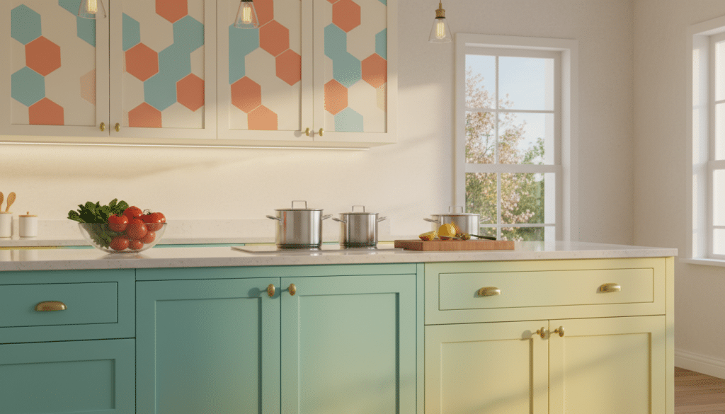 A modern kitchen featuring stylish painted cabinets. The foreground showcases a set of kitchen cupboards with a fresh, vibrant color palette, highlighting creative painting techniques such as ombre and geometric patterns. In the middle, a clean countertop adorned with stylish cookware and a bowl of fresh vegetables adds a touch of realism. The background reveals softly lit walls with subtle textures, and a window allowing natural light to flood in, enhancing the cheerful atmosphere. Use warm, inviting lighting to evoke a sense of home. Capture the image from a slightly elevated angle to display the cabinets' depth and intricate details, creating an inspiring setting for kitchen transformation ideas.
