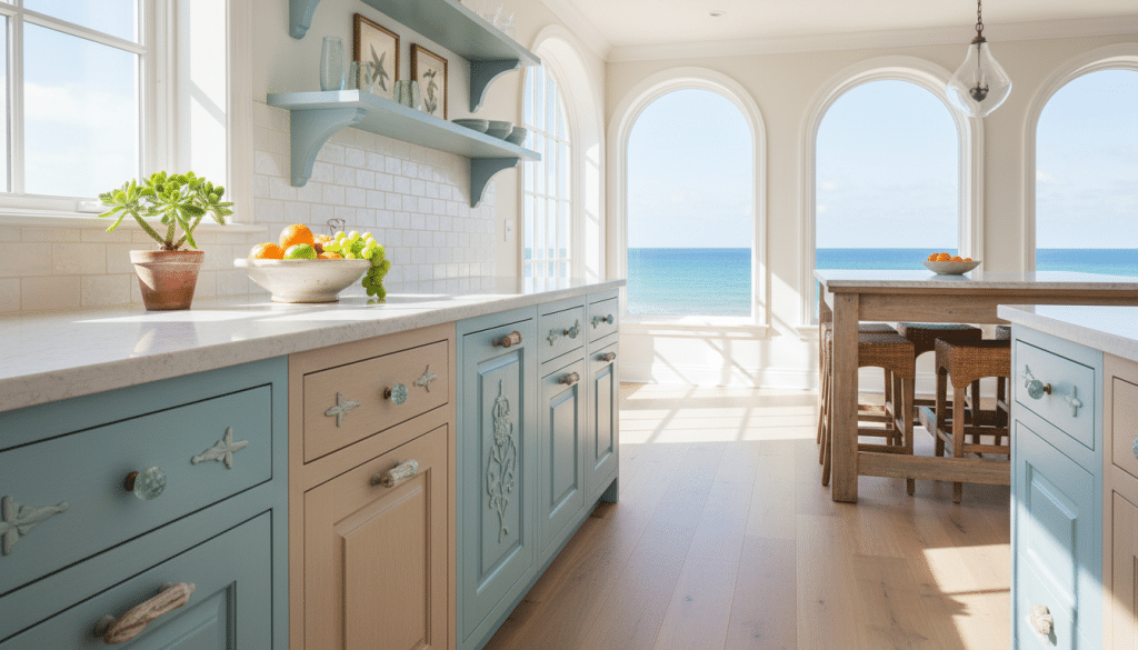 A serene coastal kitchen featuring softly painted cabinets in a palette of light blue and sandy beige, creating a breezy, coastal vibe. In the foreground, showcase elegant cabinet doors with intricate detailing, reflecting natural light. The middle layer includes a spacious countertop adorned with fresh fruits and a small potted succulent, evoking a sense of freshness. In the background, expansive windows showcase a breathtaking ocean view, allowing sunlight to flood the room, enhancing the tranquil atmosphere. Add nautical accents like driftwood knobs and sea-glass decorations to complete the coastal theme. The lighting is bright and airy, capturing the essence of a sunny day by the shore. Aim for a wide angle to encompass the kitchen's open layout, inviting viewers into this ideal coastal retreat.