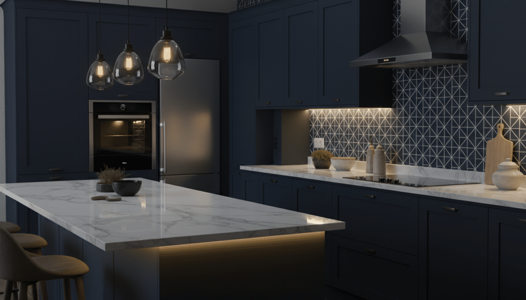 A stylish navy kitchen designed with modern elegance, featuring sleek navy blue cabinets that add depth and sophistication. In the foreground, a polished white marble countertop reflects warm lighting, enhancing the richness of the cabinetry. Middle ground includes stainless steel appliances and tasteful kitchenware, contributing to a contemporary ambiance. The background showcases a wall with a tasteful navy and white backsplash, adding visual interest while maintaining a cohesive look. Soft, ambient lighting creates a moody atmosphere, perfect for a cozy yet dramatic space. The angle is slightly elevated, capturing the kitchen's layout and showcasing its inviting design. Overall, the image conveys a sense of luxury and warmth, perfect for inspiring home transformation ideas.