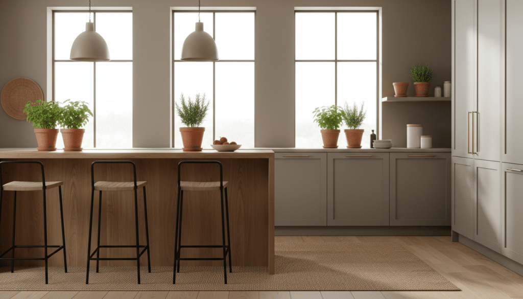 A beautifully designed kitchen featuring elegant greige paint on the walls, showcasing a seamless blend of warm tones and neutral palettes. In the foreground, a sleek wooden kitchen island with minimalist bar stools invites conversation. The middle ground highlights modern cabinetry with soft, understated handles, adorned with decorative potted herbs that add a touch of nature. In the background, large windows let in soft, natural light, casting gentle shadows that enhance the calming atmosphere. The scene is framed with soft focus to evoke a cozy, inviting feel. The lighting is warm and diffused, emphasizing the subtle textures of the greige paint, creating a harmonious balance perfect for any home.