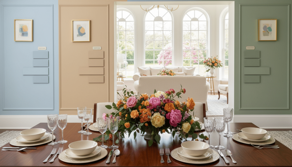 A beautifully styled dining room showcasing various paint colors on the walls, emphasizing the theme of selecting the right shades. In the foreground, an elegant wooden dining table is set with tasteful dinnerware and a colorful floral centerpiece. The middle features walls painted in soft hues like pale blue, warm beige, and muted green, with paint samples displayed artistically on the walls. In the background, soft, natural light pours through large windows, highlighting the serene atmosphere. A neutral-toned area rug anchors the space, and tasteful artwork adorns the walls. Use a bright, airy lens to capture the harmonious blend of colors and textures, creating an inviting and sophisticated mood. The overall ambiance should feel warm and welcoming, ideal for dining and gathering. A beautifully styled dining room showcasing various paint colors on the walls, emphasizing the theme of selecting the right shades. In the foreground, an elegant wooden dining table is set with tasteful dinnerware and a colorful floral centerpiece. The middle features walls painted in soft hues like pale blue, warm beige, and muted green, with paint samples displayed artistically on the walls. In the background, soft, natural light pours through large windows, highlighting the serene atmosphere. A neutral-toned area rug anchors the space, and tasteful artwork adorns the walls. Use a bright, airy lens to capture the harmonious blend of colors and textures, creating an inviting and sophisticated mood. The overall ambiance should feel warm and welcoming, ideal for dining and gathering.