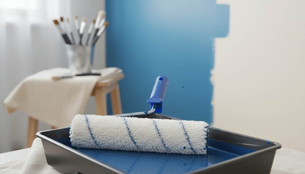 A clean, professional workspace featuring a close-up view of a paint roller on an open tray filled with vibrant blue paint. In the foreground, the paint roller, showing a high-quality, fluffy texture, is half-dipped in the paint with droplets glistening under soft, natural light. The middle ground includes a partially painted wall showcasing a smooth transition from the existing color to a fresh coat. In the background, tools like painting brushes and a drop cloth are subtly arranged to suggest an organized workspace. The atmosphere is bright and inviting, conveying the satisfaction of home improvement. The composition should be photographed from a slightly elevated angle to capture the essence of the painting experience without any distractions.