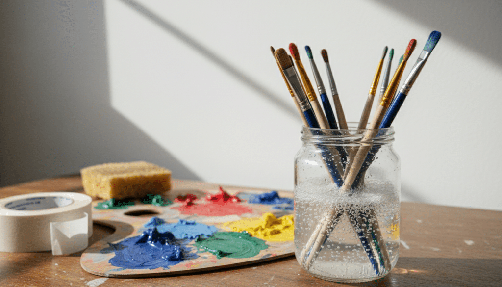 A close-up view of a painter's workspace showing the meticulous cleanup of paintbrushes after a project. In the foreground, several colorful paintbrushes rest in a container filled with soapy water, bubbles glistening in the bright light. The middle layer features a neatly organized array of painting tools: a palette with vibrant paint colors, a sponge, and a roll of masking tape. The background reveals a clean, white wall, recently painted, with a hint of sunlight casting soft shadows to create a warm and inviting atmosphere. The overall mood should be one of satisfaction and pride in craftsmanship, portraying the importance of proper tool maintenance. Use a soft focus lens effect to accentuate the tools, ensuring a clean and professional look.