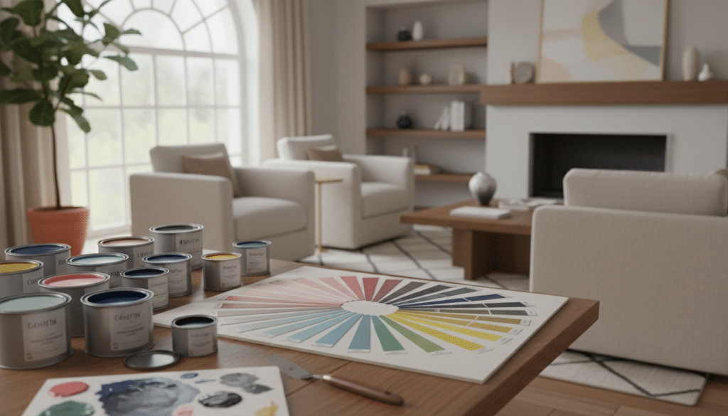 A close-up view of an elegant interior scene showcasing various paint color samples displayed on a wall. In the foreground, a beautifully arranged palette of paint cans in different hues, including soft pastels and bold shades, lies on a stylish table. The middle ground features a developed paint swatch board, with freshly brushed samples radiating inviting colors. The background features a well-lit, modern living space with neutral furniture and tasteful decor, highlighting the harmonious blend of colors. Soft, natural light streams through a window, casting gentle shadows and creating a warm, welcoming atmosphere. The overall mood is professional yet inviting, making it a perfect representation of thoughtful interior design considerations.