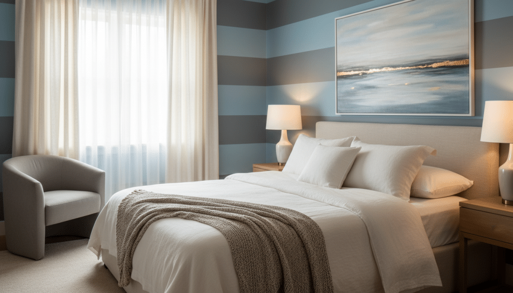 A serene and inviting bedroom scene, focusing on a cozy queen-size bed with soft, neutral-colored linens and plush pillows. In the foreground, a stylish bedside table holds a modern lamp with warm light, creating a gentle glow. The middle ground features a tastefully arranged accent chair next to a window draped with light, airy curtains, allowing natural light to filter in, enhancing the room's calm atmosphere. The background shows softly painted walls in soothing shades of blue and gray, promoting relaxation. A large piece of abstract art in calming colors hangs above the bed. The overall mood is tranquil and restful, perfect for creating a serene sleeping environment. The image captures a balanced composition, shot from a slightly elevated angle to encompass the room's cozy layout.