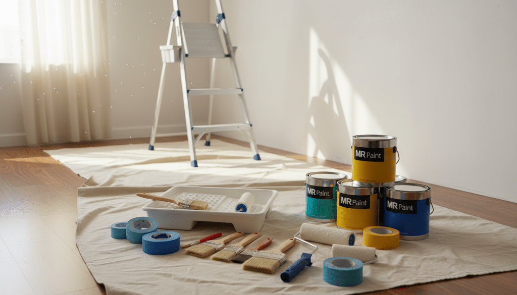 A well-organized workspace showcasing essential painting tools and materials for a professional wall painting project. Foreground: A neatly arranged set of tools, including high-quality paintbrushes, rollers, painter’s tape, a paint tray, and cans of MR Paint in vibrant colors. Middle ground: A pristine ladder leaning against a freshly primed wall, with a drop cloth spread out below. Background: A softly illuminated room with natural light streaming in from a window, enhancing the atmosphere of creativity and readiness. The scene should evoke a sense of calm professionalism, illustrating preparation for a painting project. Ensure the setup is tidy and inviting, with a focus on detail and quality in the tools displayed.