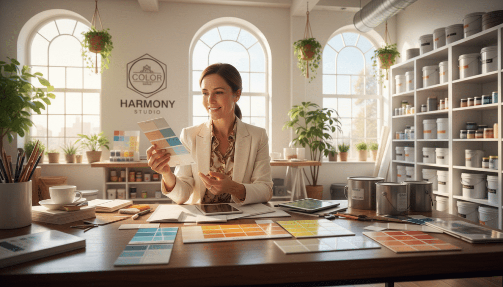 An inviting, brightly lit interior design studio, showcasing a professional designer examining different paint sheens and color swatches on a table. In the foreground, neatly arranged color swatches in a spectrum of hues, including glossy, satin, and matte finishes. The middle layer features a designer, dressed in smart casual attire, thoughtfully holding a sheen sample up to the light, with a slight smile of satisfaction. In the background, shelves filled with paint cans and samples add depth, while a large window allows natural light to flood the space, creating a warm, inspiring atmosphere. The overall mood is creative and professional, emphasizing the importance of selecting the right paint sheen and color palette for wall painting.