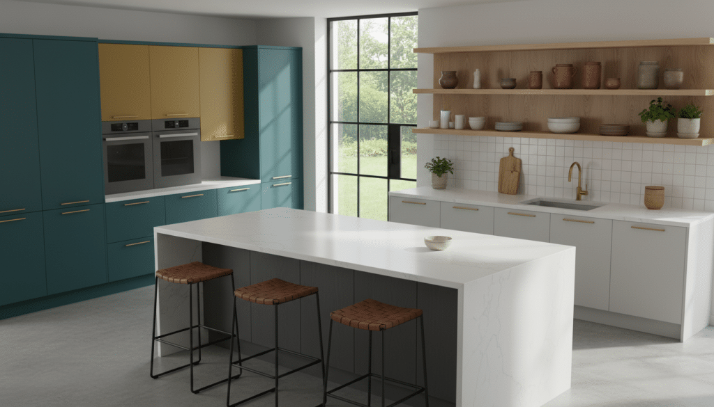 A beautifully arranged modern kitchen featuring stylish kitchen cabinets in a variety of contemporary colors, showcasing shades like teal, mustard yellow, and soft gray. In the foreground, a striking kitchen island with a waterfall countertop adds elegance. The middle ground displays sleek cabinets with minimalistic handles and an open shelving unit displaying artisanal kitchenware. The background reveals a bright window, flooding the scene with natural light, creating a warm and inviting atmosphere. The image should capture a high-angle view, emphasizing the clean lines and depth of colors. Soft shadows enhance the three-dimensionality, evoking a sense of modern sophistication and tranquility, perfect for illustrating the impact of modern color palettes in kitchen design.