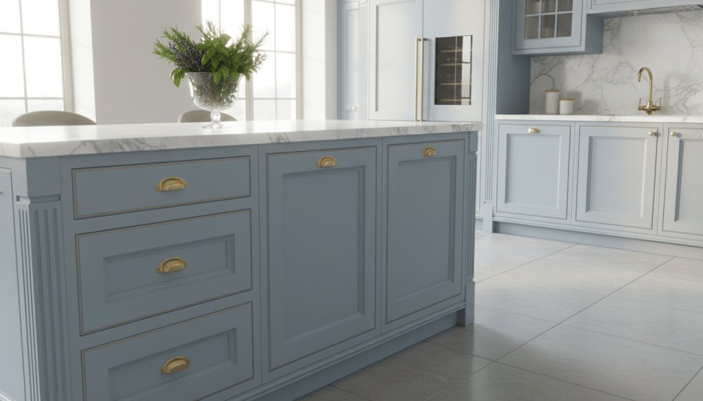 A beautifully designed modern kitchen featuring stunning kitchen cabinets, painted in a soft, elegant shade of light blue with gold accents. The foreground showcases the cabinets with intricate details such as raised paneling and stylish handles. In the middle, there is a marble countertop adorned with a delicate bouquet of fresh herbs, creating a vibrant focal point. The background features a softly lit kitchen space with warm, natural light streaming in through large windows, illuminating the room. The mood is inviting and serene, perfect for enhancing any kitchen. The scene is captured from a slightly elevated angle, highlighting the seamless integration of cabinets and decor while ensuring a clean, professional aesthetic.