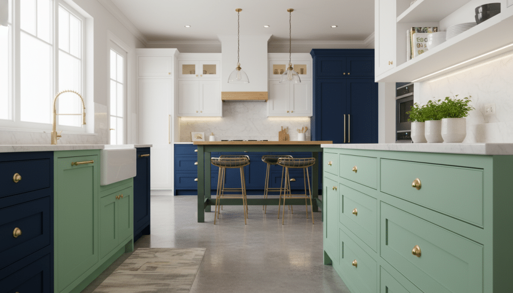 A beautifully organized kitchen featuring vibrant, freshly painted kitchen cabinets in a modern style. In the foreground, showcase a cluster of cabinets painted in soft mint green, complemented by sleek gold hardware. The middle layer includes a cozy kitchen island with bar stools, surrounded by natural light streaming in through large windows. In the background, display additional cabinets, some in classic white and others in bold navy blue, to highlight popular painting ideas. The scene is illuminated by warm, inviting lighting, creating a cheerful atmosphere. Capture this from a slight angle to emphasize depth and provide a sense of space in the kitchen environment, evoking inspiration for kitchen renovation enthusiasts.