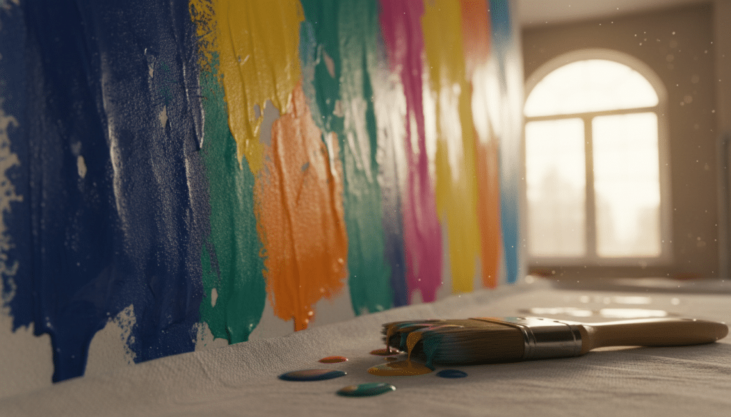 A close-up view of a freshly painted interior wall, showcasing varying shades of vibrant colors that emphasize the beauty of paint drying. In the foreground, droplets of paint glisten on a paintbrush resting on a drop cloth, highlighting the texture and gloss of the fresh coat. The middle ground captures the wall with subtle brush strokes visible, showcasing the drying process. In the background, a soft, natural light filters through a nearby window, creating a warm and inviting atmosphere. The lens perspective is slightly tilted, giving the image a dynamic feel, while the focus sharpens on the paint textures. The overall mood is serene and focused on the nuances of the paint drying, symbolizing patience and transformation in home improvement.