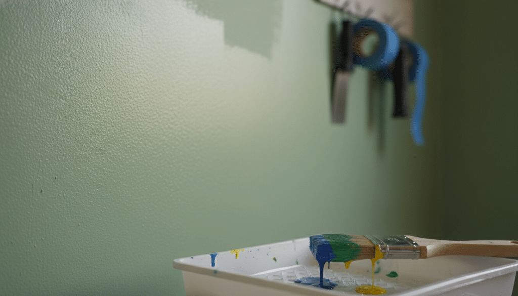 A close-up view of a freshly painted wall, showcasing the subtle texture of the paint as it dries, with soft light filtering in from a nearby window. In the foreground, there's a paintbrush with drips of vivid color resting on a paint tray, creating a sense of action and immediacy. The middle ground features the smooth wall surface, partially glossy in areas where the paint is wet, transitioning to a matte finish as it dries. In the background, out-of-focus silhouettes of tools like a roller and painter's tape suggest a professional setting, enhancing the atmosphere of a workshop in progress. The overall mood is calm and focused, emphasizing the patience and precision involved in achieving better results with drying paint, all captured in a high-resolution, softly lit scene.