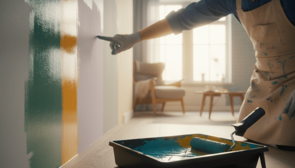 A close-up view of freshly painted wall sections in various stages of drying, set in a well-lit interior room. The foreground features a paint roller resting on a tray, with vibrant colors still glistening, showcasing the contrast between wet and dried paint. In the middle ground, a painter's hand is seen gently touching a section of paint to check its dryness, clad in a simple, professional outfit like a blue shirt and work apron. The background reveals a blurred view of a sunlit window and interior furniture, creating a warm and inviting atmosphere that emphasizes the importance of understanding drying times. Soft, natural light spills through the window, casting gentle shadows that enhance the texture of the paint on the wall.