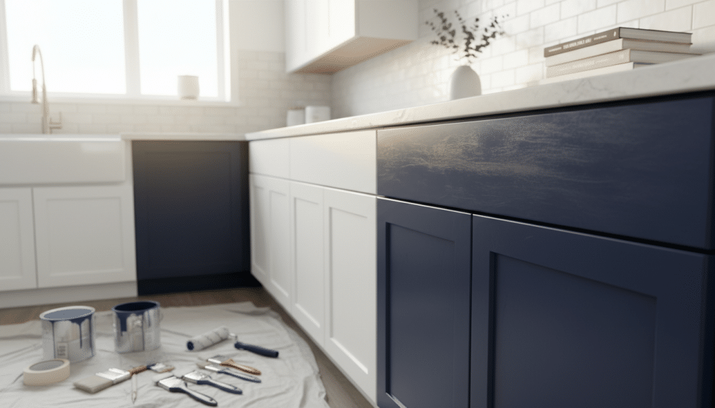 A modern and stylish kitchen featuring freshly painted cabinets in vibrant colors such as a deep navy blue and crisp white. In the foreground, showcase a close-up of a cabinet door, highlighting brush strokes and smooth finish, capturing the details of a professional paint job. In the middle, include an organized workspace with painting supplies neatly arranged, such as brushes, rollers, and cans of paint, emphasizing preparation techniques. The background should depict soft, natural lighting filtering through a window, illuminating the entire kitchen with a warm, inviting ambiance. Incorporate neutral countertop materials and elegant yet simple decor to complement the cabinets while maintaining a clean, minimalist aesthetic. The overall mood should be inspiring and optimistic, evoking a sense of creativity and professionalism in home improvement.