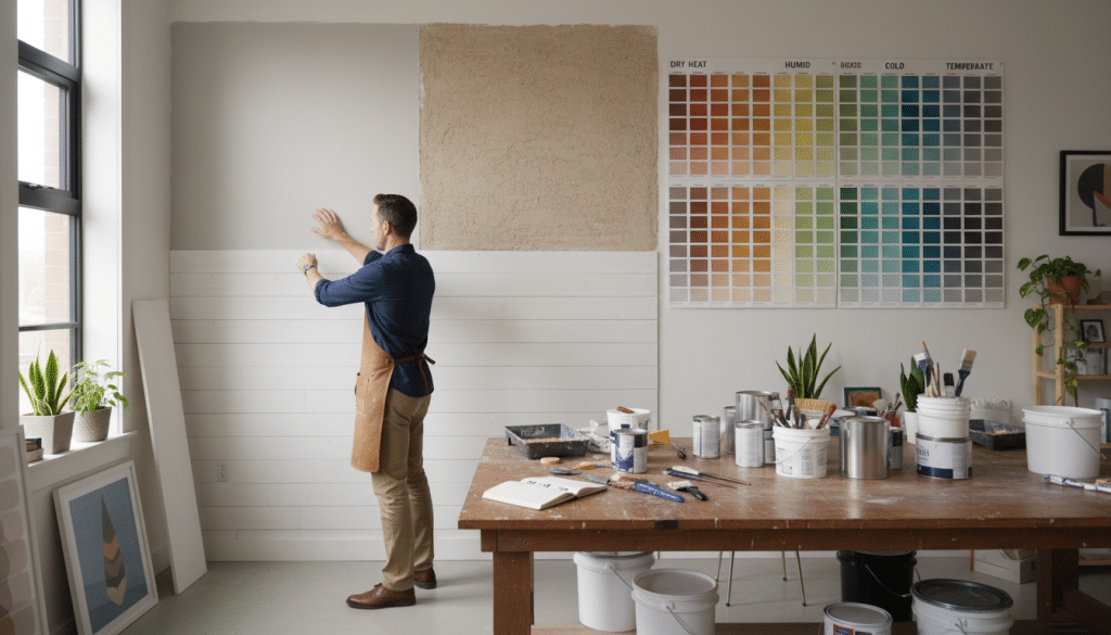 A serene indoor scene showcasing diverse environmental conditions and surface types for painting projects. In the foreground, a professional painter in smart casual attire examines a wall with varying textures, such as smooth drywall, rough stucco, and painted wood paneling. The middle ground features a well-organized workspace with paint cans, brushes, and tools illuminated by soft, natural lighting from a nearby window. In the background, various samples of paint swatches hang on a wall, showcasing color variations meant to reflect different atmospheric influences like humidity and temperature. The room exudes a calm, focused atmosphere, emphasizing the meticulous nature of painting and preparation. Use a wide-angle lens to capture the overall composition while ensuring the painter is positioned slightly off-center for visual interest.