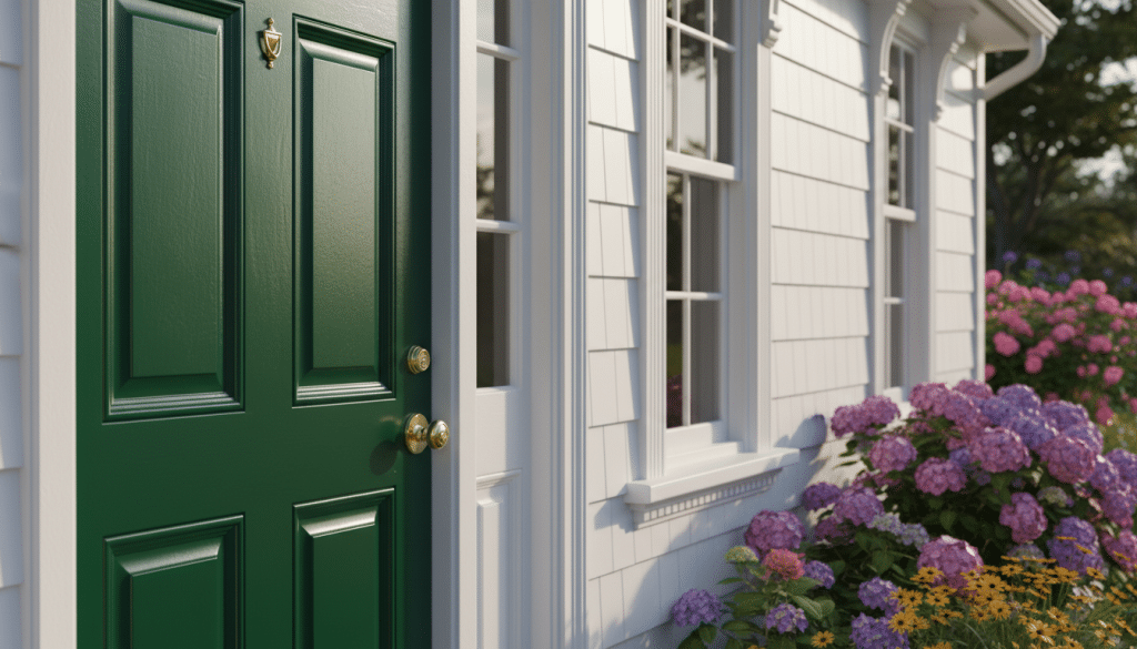 A beautifully painted house exterior showcasing a close-up view of carefully finished trim and doors. In the foreground, a classic wooden door with intricate paneling and a fresh coat of deep green paint stands prominently, surrounded by clean white trim. The middle ground features decorative molding and window frames, highlighting architectural details enhanced by soft morning sunlight. In the background, a charming garden with blooming flowers provides a serene contrast to the crisp lines of the house. The lighting is warm, casting gentle shadows that add depth and dimension, creating an inviting atmosphere. The angle captures both the trim and door clearly, emphasizing the craftsmanship and attention to detail, making it ideal for illustrating painting techniques.