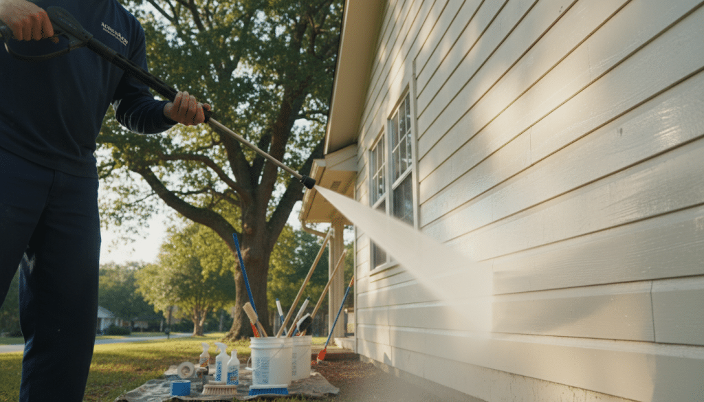 A focused scene of a professional exterior surface cleaning process in preparation for painting a house. In the foreground, a person dressed in modest, professional attire uses a high-pressure washer to clean the siding of a charming, single-story home with a light-colored facade, revealing its clean texture. The middle ground features a neatly organized array of cleaning equipment, including buckets, brushes, and cleaning solutions, suggesting a well-planned process. In the background, a large tree casts dappled sunlight onto the house, creating a tranquil atmosphere. The angle captures the action from a low perspective, emphasizing the cleanliness of the surfaces being prepared. Soft, natural lighting enhances the vibrant colors of the house and surroundings, providing an inviting feel to the scene, ideal for illustrating essential preparation for a lasting paint job.