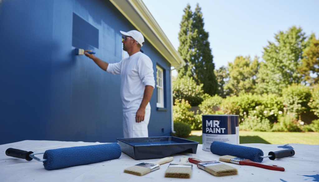 A well-maintained house exterior, showcasing freshly painted walls in a rich, vibrant color. The foreground features a carefully arranged set of painting tools, including high-quality brushes, rollers, and a paint tray. In the middle ground, a professional painter, dressed in a crisp white shirt and protective gear, is applying MR Paint with precision on one side of the house. In the background, lush greenery and a clear blue sky enhance the serene atmosphere, symbolizing ideal painting conditions. The lighting is bright, reflecting a sunny day that casts soft shadows, creating a warm and inviting feel. The angle captures both the painter’s concentration and the beauty of the completed painted sections, emphasizing quality craftsmanship.