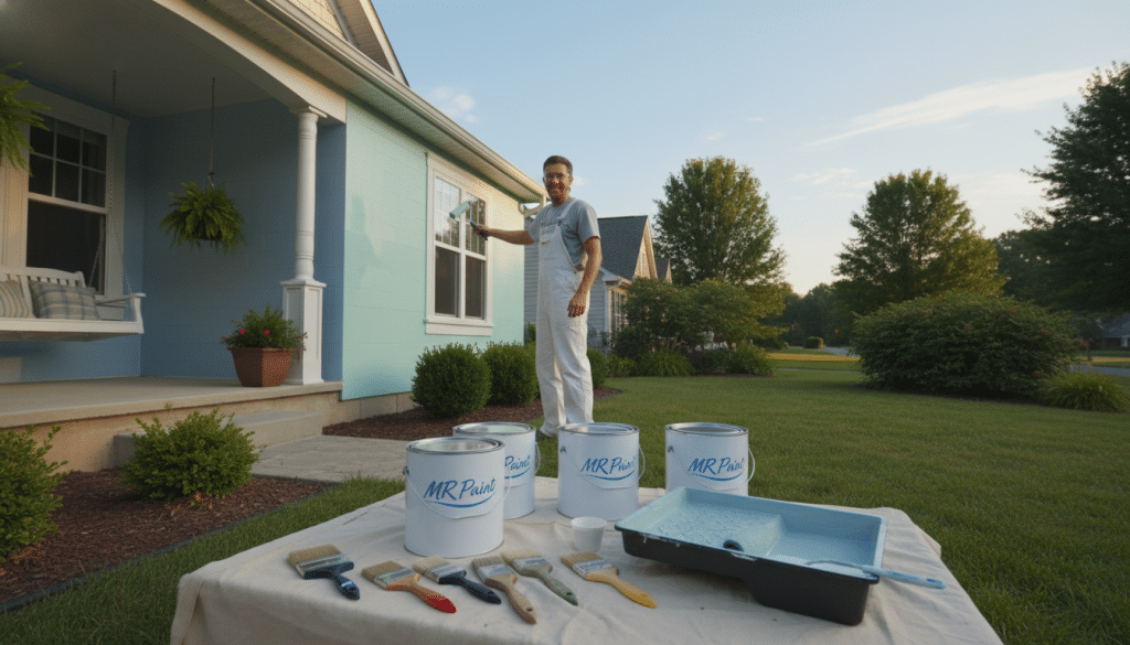 An inviting house exterior showcasing freshly applied MR Paint in serene pastel hues. In the foreground, a neatly arranged set of paint supplies: glossy paint cans, brushes, and a roller on a drop cloth. In the middle, a worker in professional attire, focused on painting one side of the house, demonstrating proper techniques with an enthusiastic smile. The background features a suburban setting with lush greenery, a clear blue sky bathed in warm golden sunlight, emphasizing a cheerful atmosphere. The image is captured from a slightly elevated angle, allowing the viewer to appreciate both the freshly painted wall and the vibrant surroundings, achieving a sense of accomplishment and creativity.